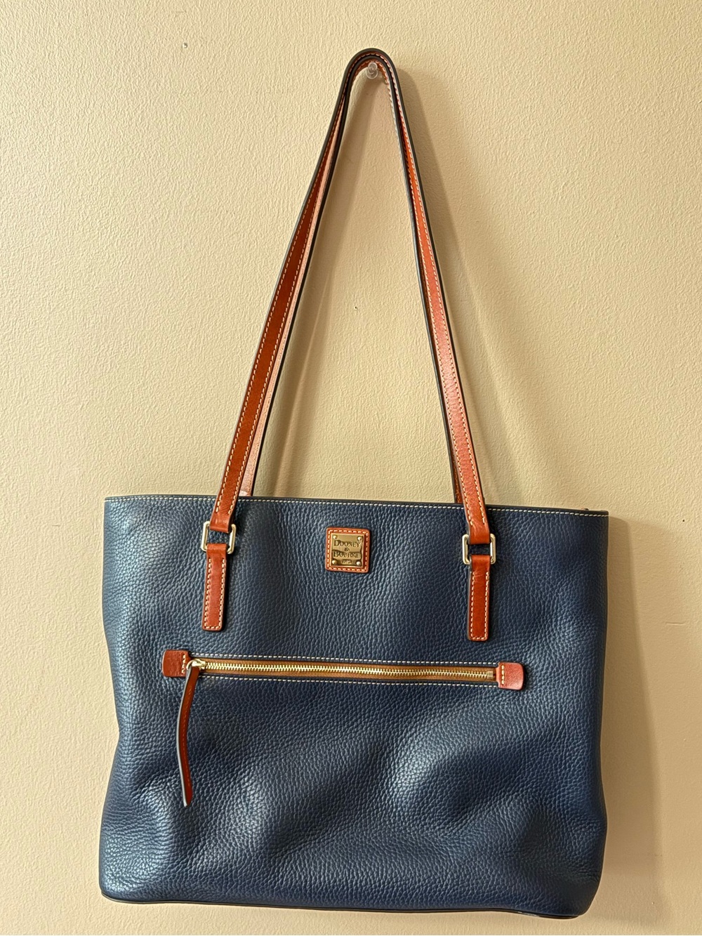 Dooney & Bourke Navy Leather Tote with Brown Trim